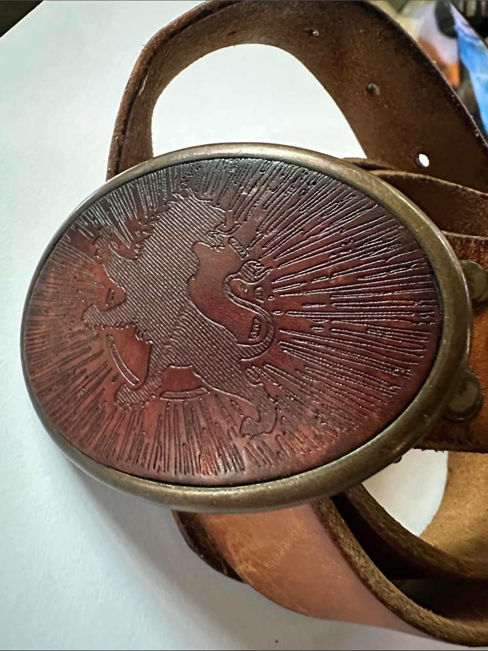 Leather Belt with Embossed Lion Oval Buckle Vintage by Express Design Studio